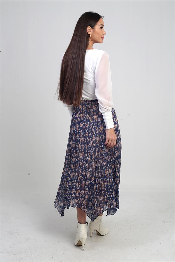 Jupe triangle mi-longue à fleurs doublée et taille élastique pour femme