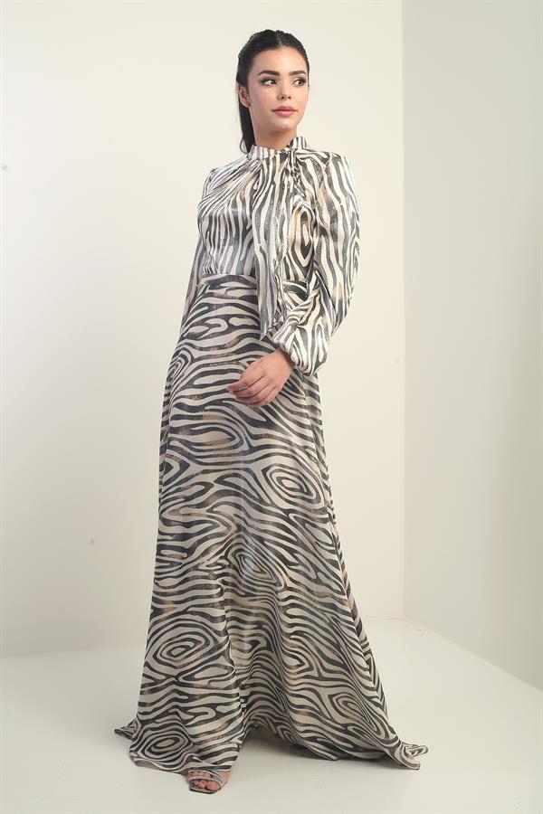 Women's Long Satin Dress with Zebra Pattern and Scarf Detail, Lined