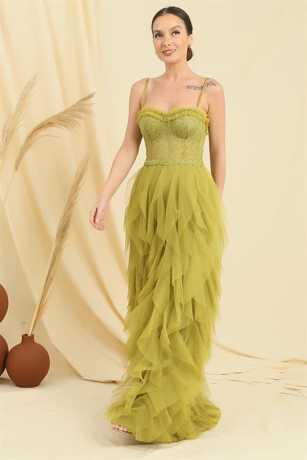 Beaded Strappy Strapless Handkerchief Dress with Fringed Lining and Long Tulle