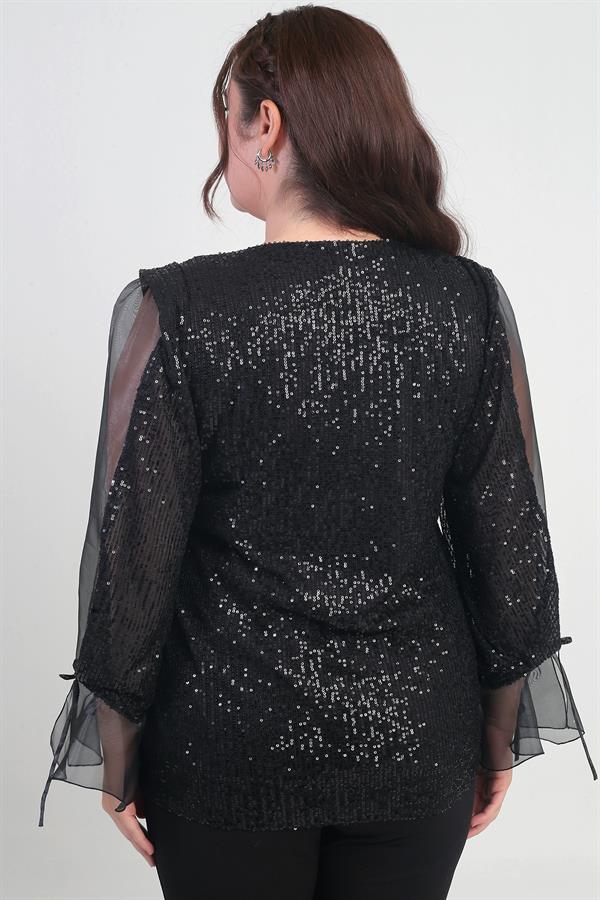 Kadın V Yaka Kolları Organze Pulpayet Büyük Beden Bluz