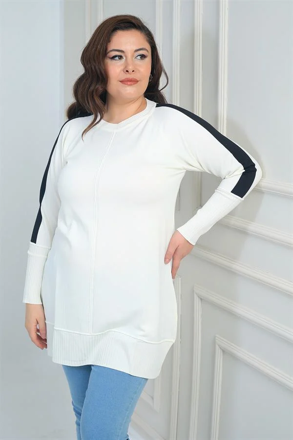 Women's Plus Size Tunic Blouse with Striped Sleeves