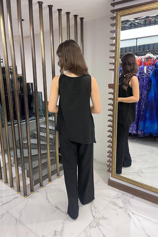 Kadın  Toka Detaylı Eteği Asimetrik Bluz Beli Lastikli Cepli Palazzo Pantolon Keten 2'li Takım