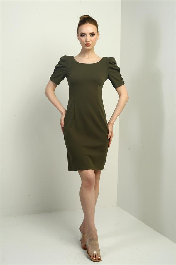 Women's Boat Neck Dress with Buttoned Sleeves, Pleated, and Zipper Back