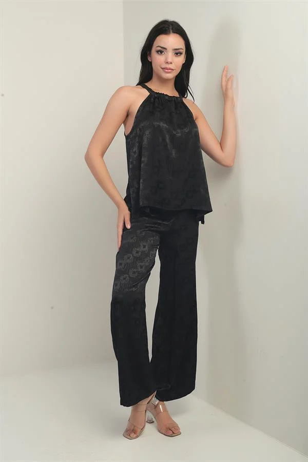 Women's Thin Strapped Blouse with Elastic Waist, Pockets, Palazzo Pants, Geometric Pattern Satin, 2-Piece Set
