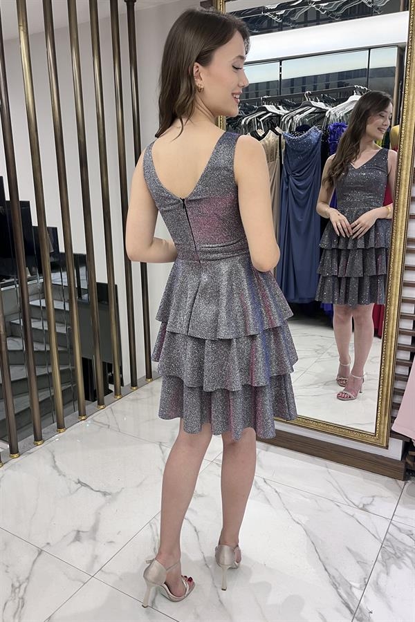 Front Back V Neck Glittery Layered Dress