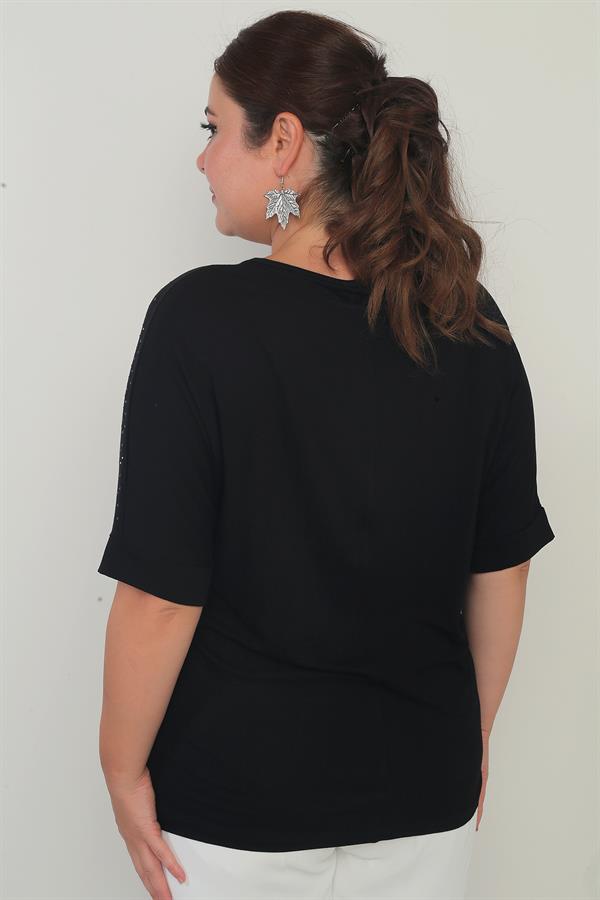 Kadın Yakası Zincirli Kısa Yarasa Kollu Taşlı Likralı Büyük Beden Bluz