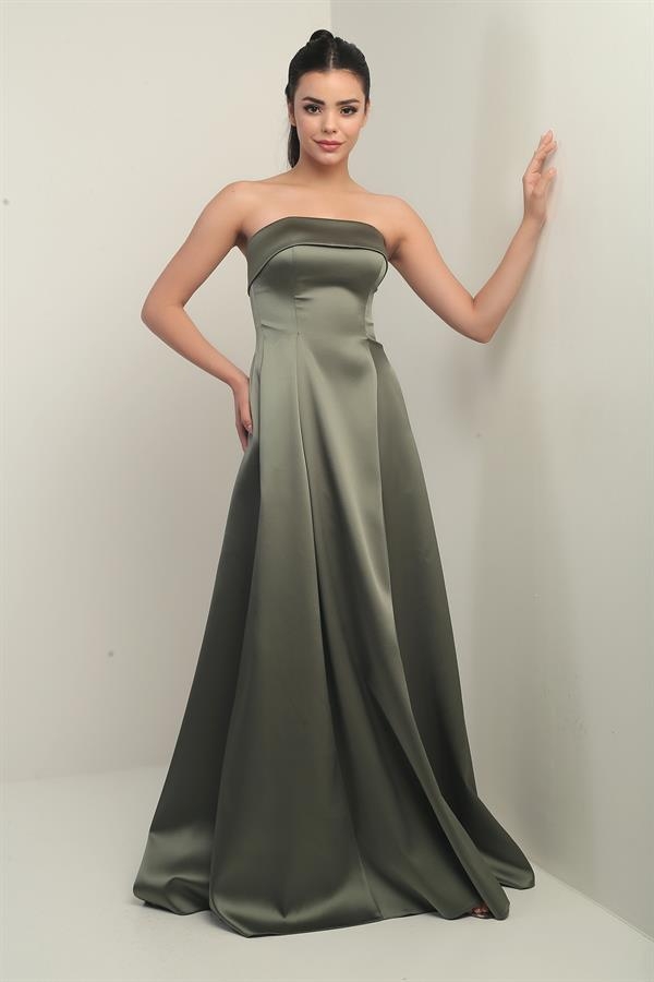 Kadın Straplez Astarlı Cepli Uzun Saten Abiye Elbise