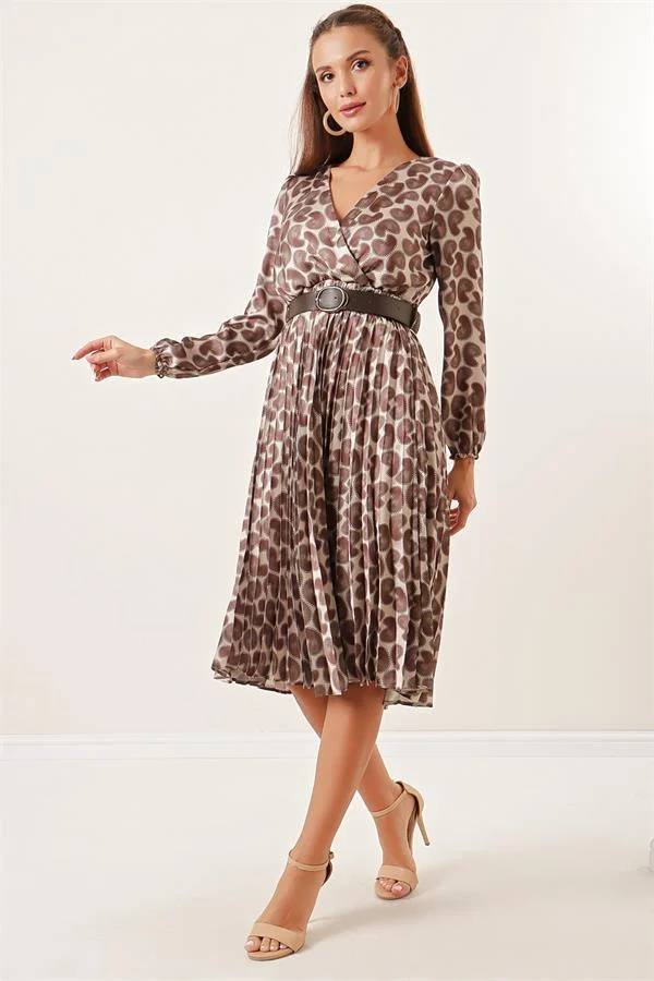 Wrap Neckline Patterned Belted Lined Pleated Satin Dress