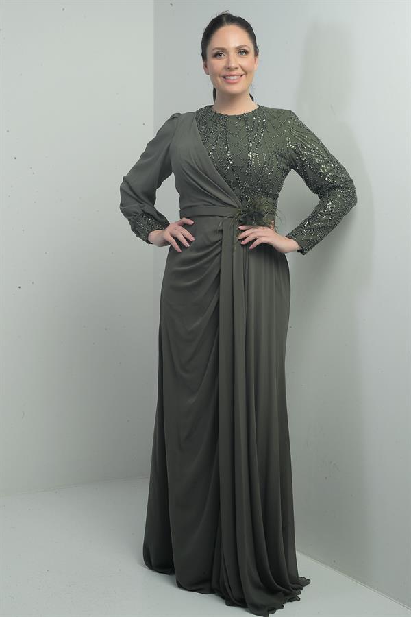 Women's Plus Size Long Chiffon Dress with Sequin and Bead Embellishment, Lined, and Floral Waistline