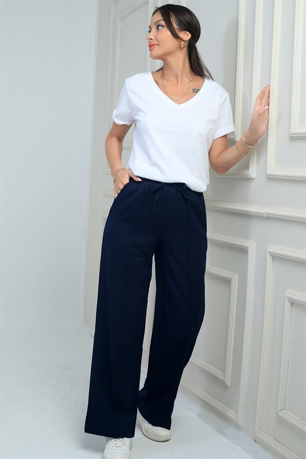 Pantalon palazzo pour femme avec taille élastique, cordon de serrage et poches latérales