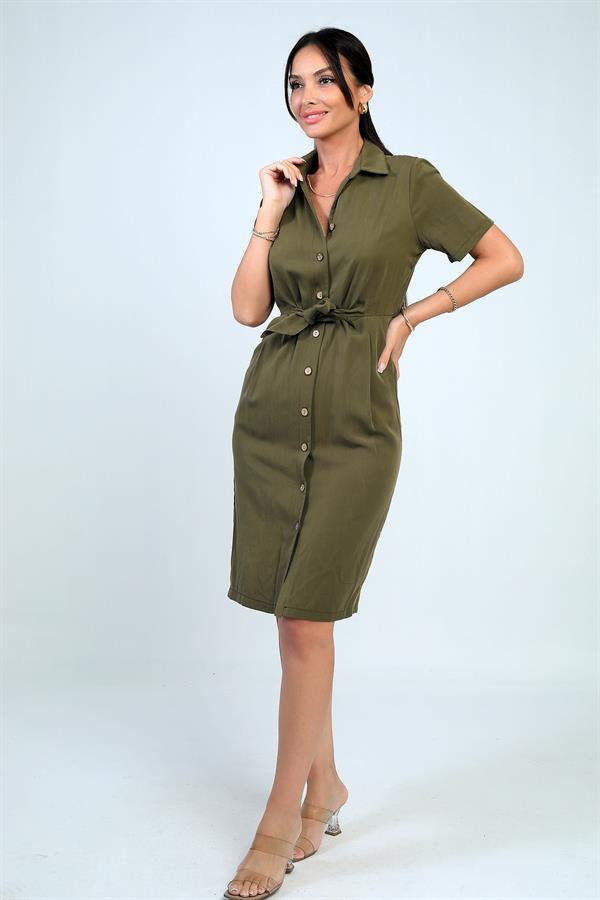 Robe courte en lyocell doublée, doublée, avec poche à nouer sur le devant et boutons sur le devant, pour femme