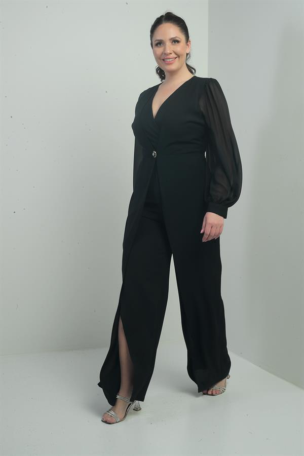 Combinaison en crêpe grande taille pour femme, col en V, fermeture à un bouton, manches en mousseline, semi-doublée