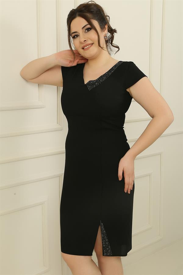 Front and Back V-Neck Lined Half-Moon Sleeved Plus Size Dress with Stone and Bead Details