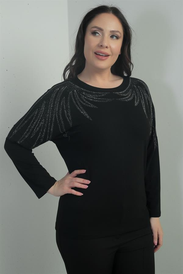 Kadın Taşlı Kanat Model Likralı Çilek Büyük Beden Bluz