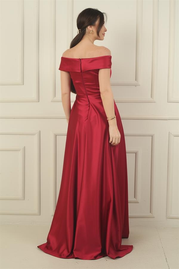 Kadın Madonna Yaka Önü Büzgülü Astarlı Pelerinli Saten Uzun Elbise