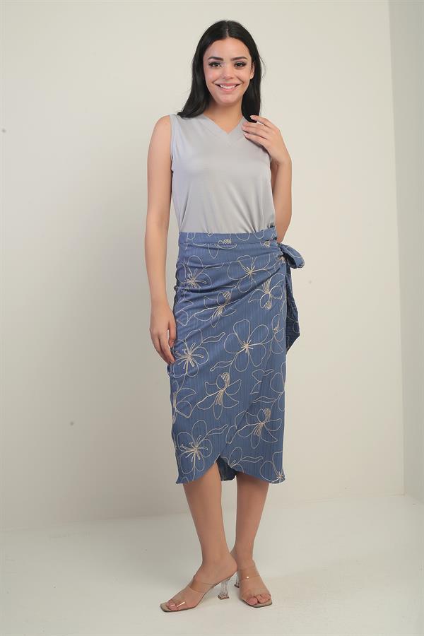 Kadın Yandan Bağlamalı Kordeneli Midi Etek