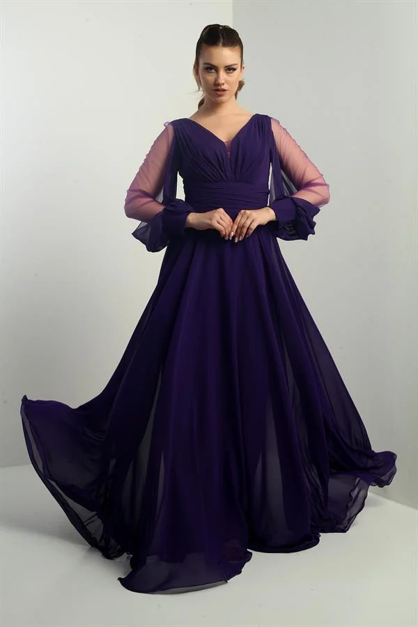 Ön Arka V Yaka Önü Drapeli Kolları Tül Astarlı Geniş Beden Aralıklı Uzun Şifon Elbise