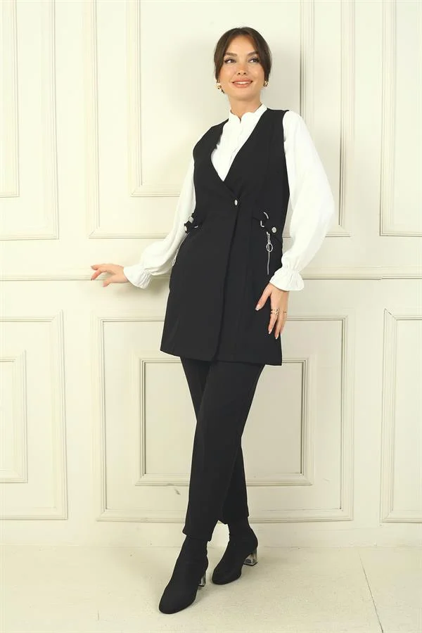 Women's Single Snap Zippered Pocket Long Vest Chiffon Shirt Elastic Waist Trousers 3-Piece Set