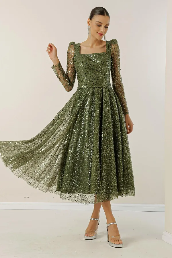 Square Neck Long Sleeve Lined Sequin Beaded Dress