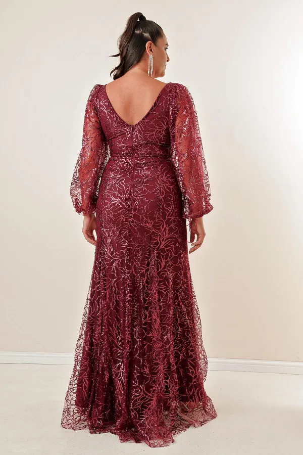 Front Back V Neck Glittery Flock Print Plus Size Long Dress