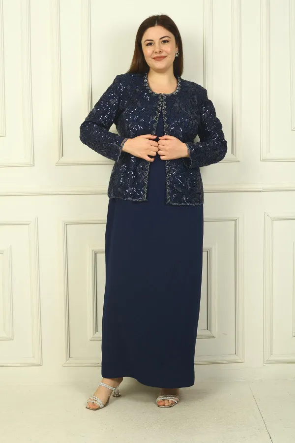 Ensemble 2 pièces pour femme, comprenant une veste en tulle ornée de sequins et de perles, une robe longue à manches demi-lune en crêpe doublée et un pantalon grande taille.