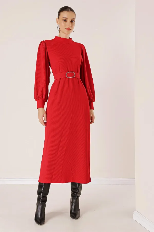 Beli Kemerli Omuz Büzgülü Elbise