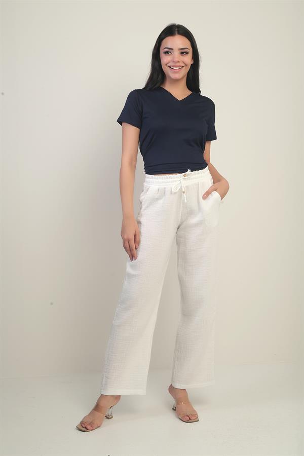 Pantalon palazzo en mousseline pour femme, avec taille élastique et poches
