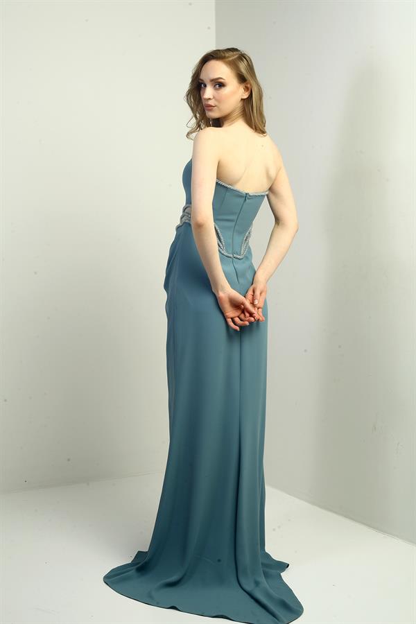 Women's Long Strapless Dress with Beaded Detail and Transparent Lining at the Waist