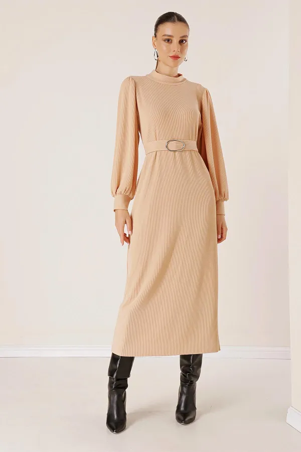 Beli Kemerli Omuz Büzgülü Elbise