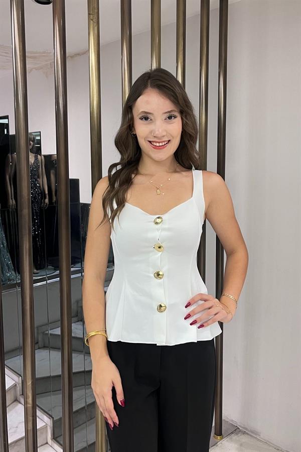 Kadın Kalın Askılı Gold Düğmeli Eteği Volanlı Likralı Dalgıç Bluz