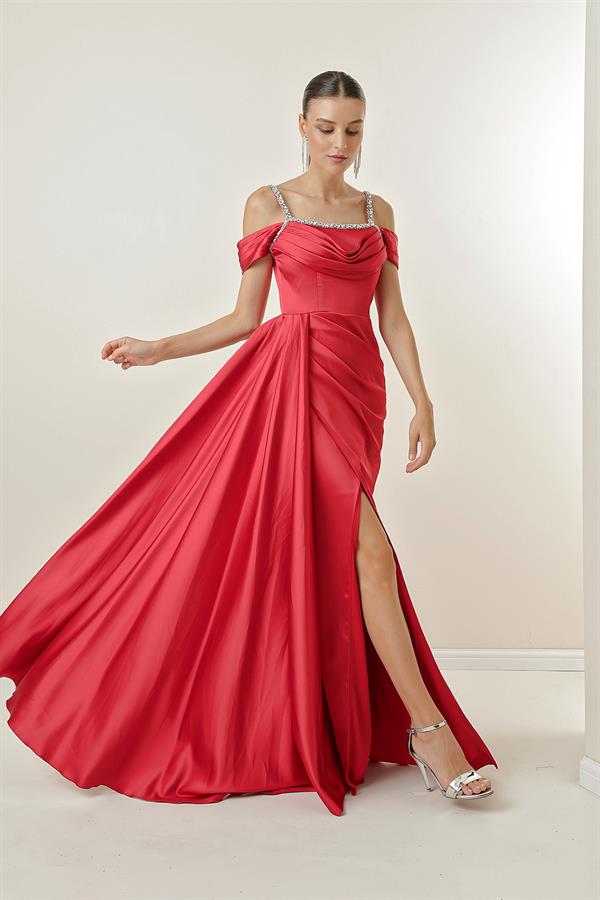 Stone Detailed Thin Strap Low Sleeve Lined Long Satin Dress