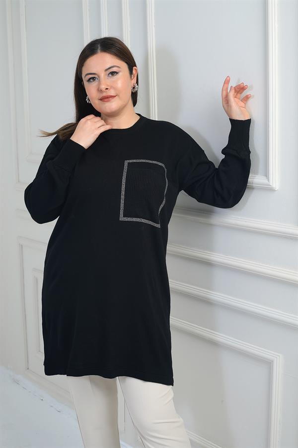 Tunique en maille grande taille pour femme, avec une poche avant et un imprimé pierre.