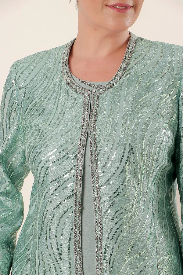 Veste à paillettes, manches demi-lune, robe en crêpe doublée, costume 2 pièces grande taille