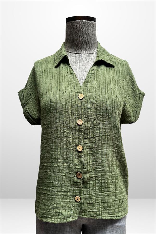 Kadın Polo Yaka Kendinden Desenli Keten Gömlek