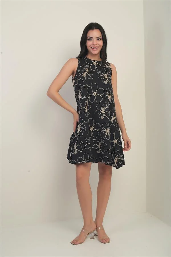 Women's Round Neck Floral Patterned Corded Short Dress