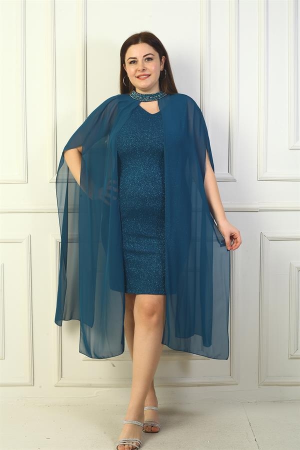 Robe à paillettes grande taille pour femme, col en V, doublée et avec cape en mousseline