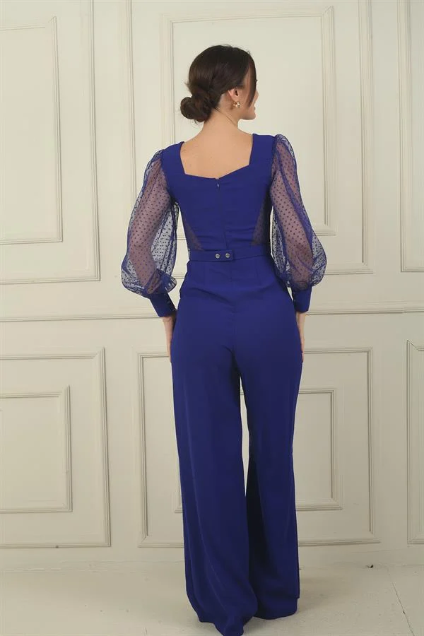 Women's Sweetheart Neckline Long Tulle Sleeved Belted Palazzo Crepe Jumpsuit