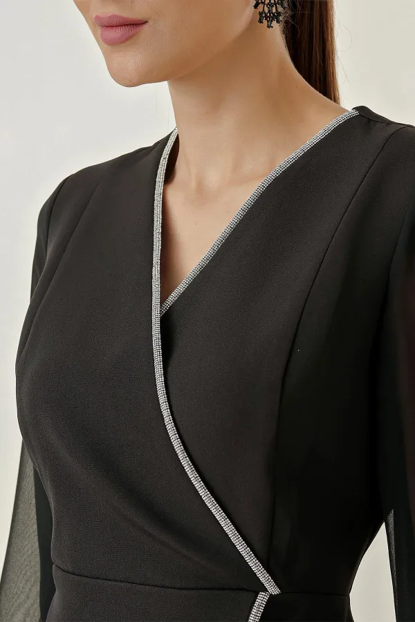 Double-Breasted Chiffon Sleeves Half-Lined Dress with Shiny Stone Detail on the Front