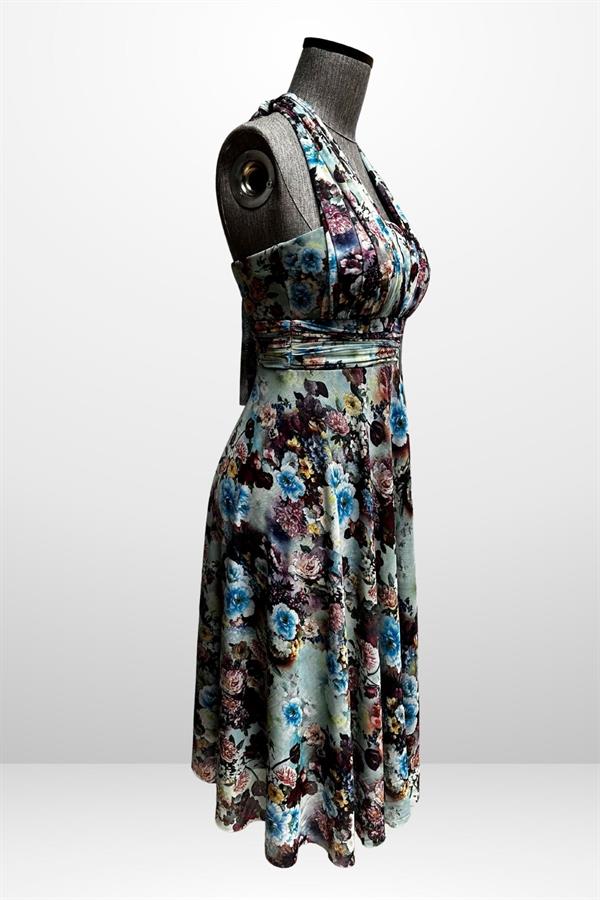 Kadın Boyundan Bağlamalı Astarlı Küçük Çiçekli Elbise