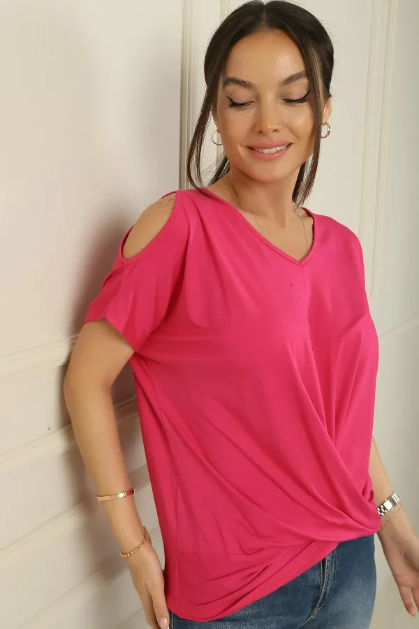 Women's V-Neck Off-Shoulder Knot Front Short Batwing Sleeve Viscose Blouse