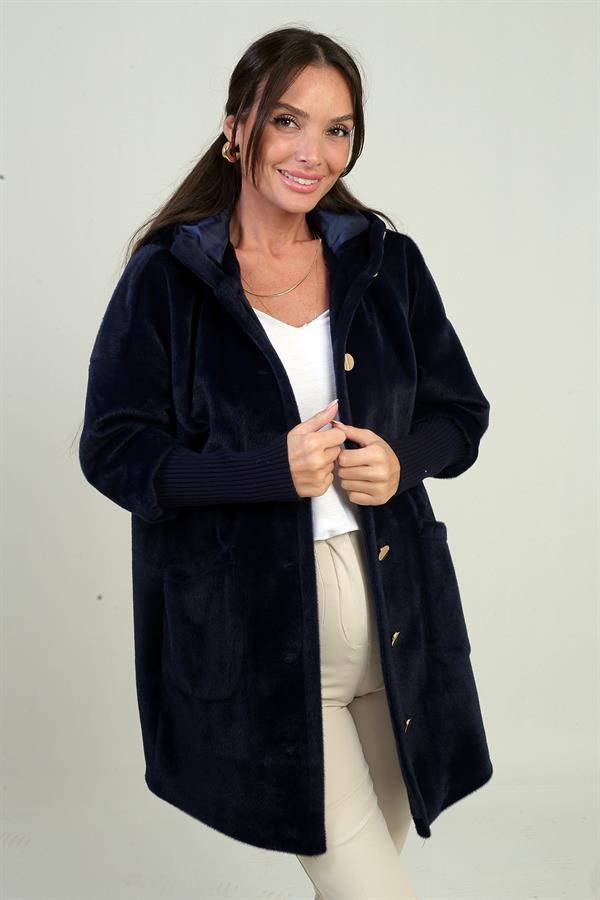 Manteau en angora doublé à capuche et boutons sur le devant pour femme, avec manches côtelées