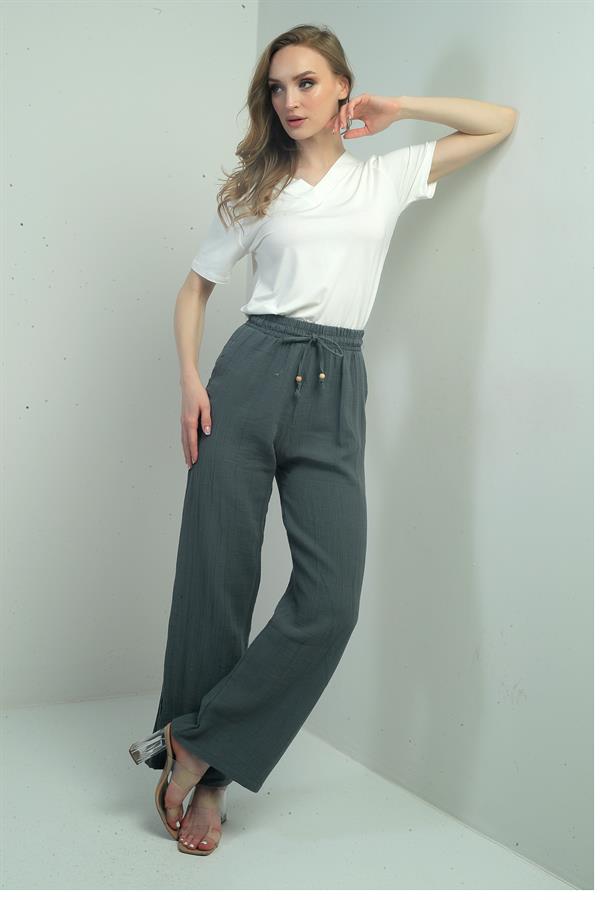 Pantalon palazzo en mousseline pour femme, avec taille élastique et poches