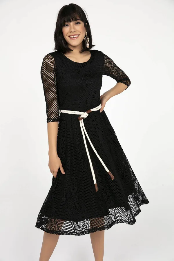 ARKASI FERMUARLI KEMERLİ ASTARLI TURVAKAL KOL ELBİSE