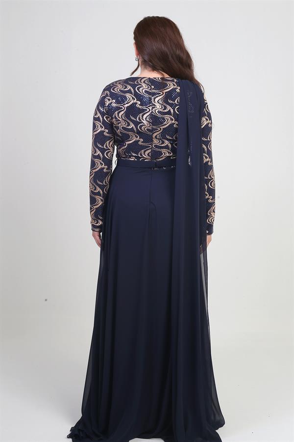 Kadın Kruvaze Yaka Görünümlü Pullu Astarlı Şifon Uzun B.B. Elbise