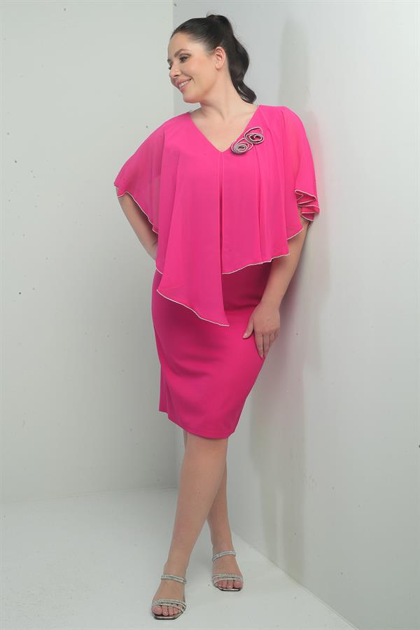 Kadın Ön Arka V Yaka Üstü Şifon Taş Detaylı Güllü Büyük Beden Krep Kısa Elbise