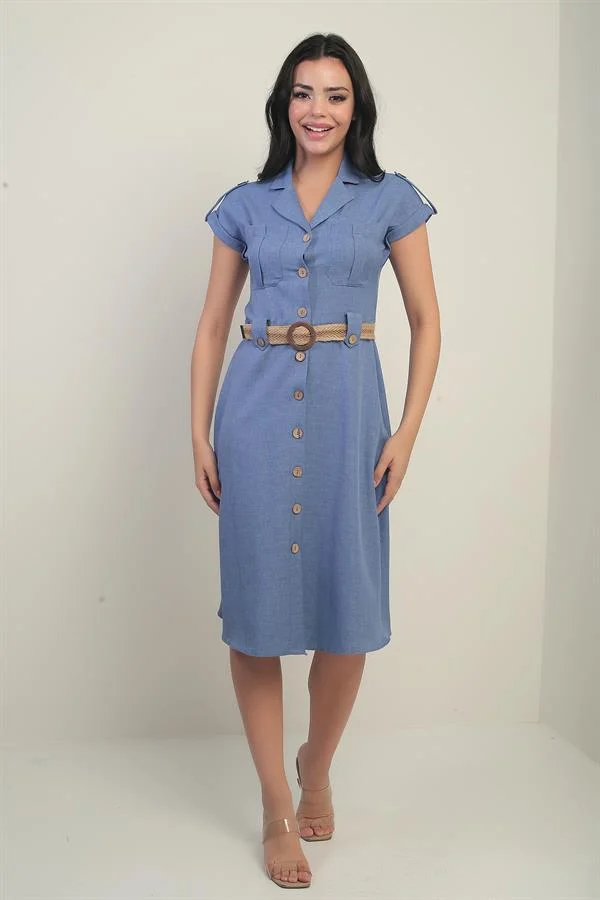 Women's Collared, Off-Shoulder, Double-Pocket, Belted Linen-Effect Dress