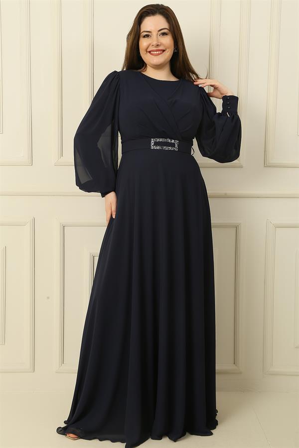 Wrap-neck, belted, lined, plus-size long modest dress.