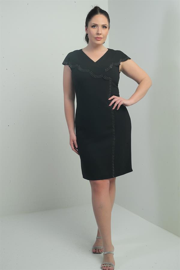 Women's Plus Size Short Dress with Stone Detail on Collar, Laser Cut, and Lined.