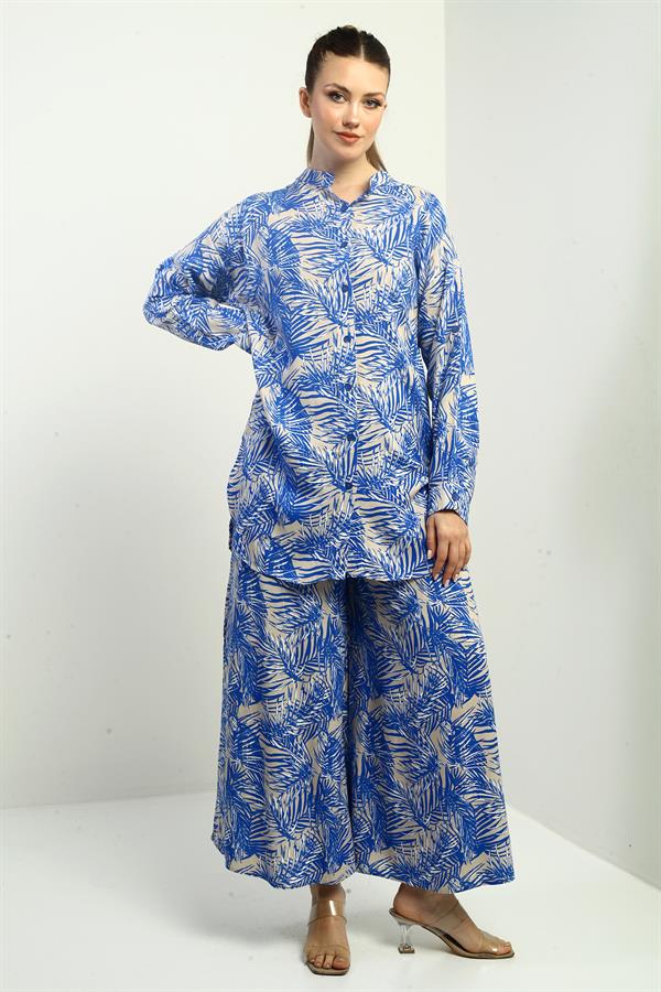 Women's Side Slit Tunic Shirt, Elastic Waist Pocketed Palazzo Pants, Leaf Pattern Oversize 2-Piece Set