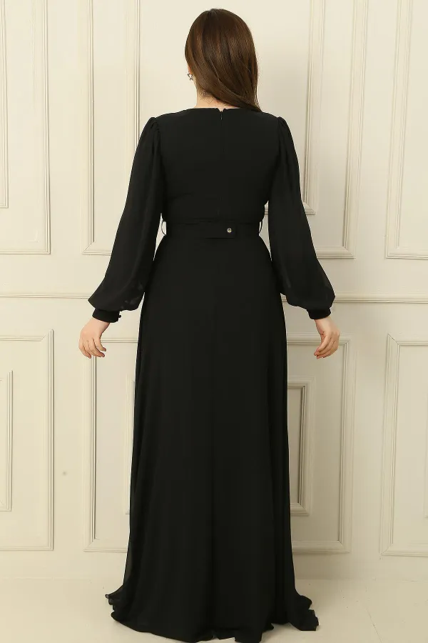 Double-Breasted Collar Waist Belted Lined Plus Size Long Hijab Dress